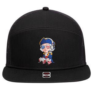 George Washington Gamer Fourth Of July USA Flag Boy 7 Panel Mesh Trucker Snapback Hat