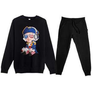 George Washington Gamer Fourth Of July USA Flag Boy Premium Crewneck Sweatsuit Set