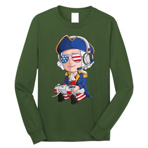 George Washington Gamer Fourth Of July USA Flag Boy Long Sleeve Shirt