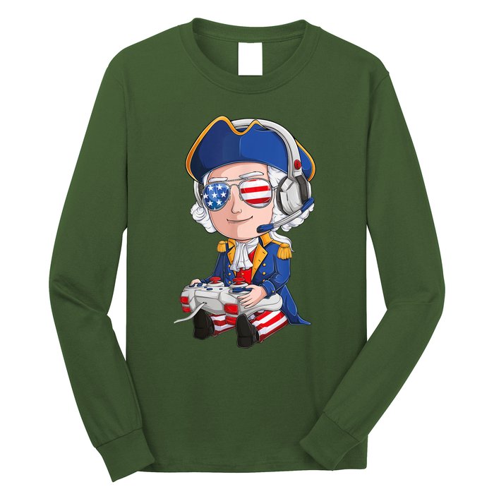 George Washington Gamer Fourth Of July USA Flag Boy Long Sleeve Shirt