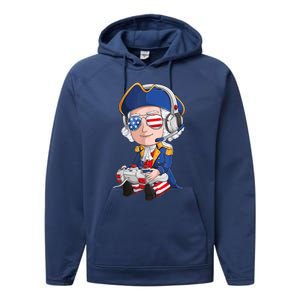 George Washington Gamer Fourth Of July USA Flag Boy Performance Fleece Hoodie