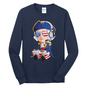 George Washington Gamer Fourth Of July USA Flag Boy Tall Long Sleeve T-Shirt