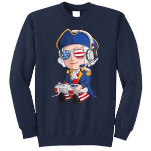 George Washington Gamer Fourth Of July USA Flag Boy Tall Sweatshirt