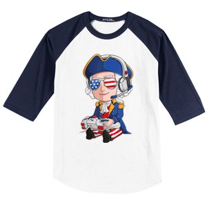 George Washington Gamer Fourth Of July USA Flag Boy Baseball Sleeve Shirt