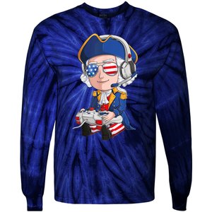 George Washington Gamer Fourth Of July USA Flag Boy Tie-Dye Long Sleeve Shirt