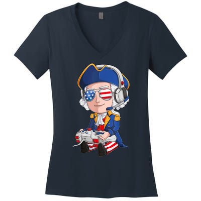 George Washington Gamer Fourth Of July USA Flag Boy Women's V-Neck T-Shirt