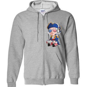 George Washington Gamer Fourth Of July USA Flag Boy Full Zip Hoodie