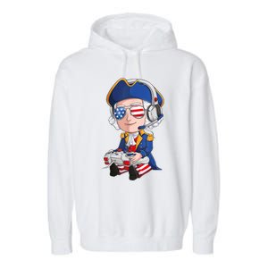 George Washington Gamer Fourth Of July USA Flag Boy Garment-Dyed Fleece Hoodie