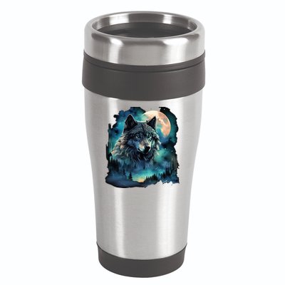 Grey Wolf Hunting Grounds Icy Moon Forest Galaxy 16oz Travel Tumbler