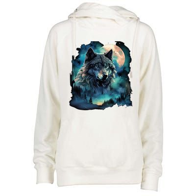 Grey Wolf Hunting Grounds Icy Moon Forest Galaxy Womens Funnel Neck Pullover Hood