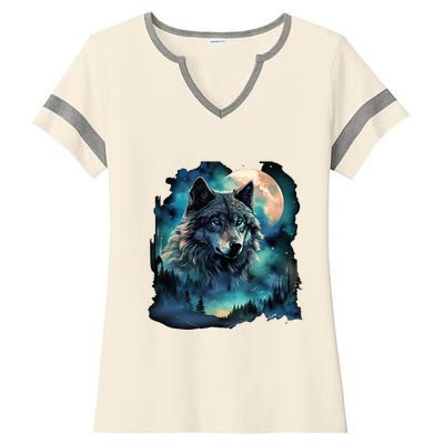 Grey Wolf Hunting Grounds Icy Moon Forest Galaxy Ladies Halftime Notch Neck Tee