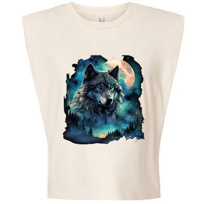 Grey Wolf Hunting Grounds Icy Moon Forest Galaxy Garment-Dyed Women's Muscle Tee