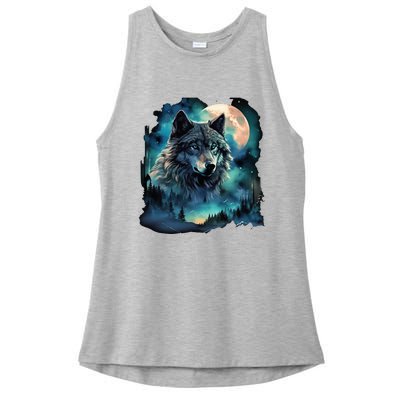 Grey Wolf Hunting Grounds Icy Moon Forest Galaxy Ladies PosiCharge Tri-Blend Wicking Tank