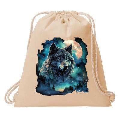 Grey Wolf Hunting Grounds Icy Moon Forest Galaxy Drawstring Bag