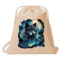 Grey Wolf Hunting Grounds Icy Moon Forest Galaxy Drawstring Bag