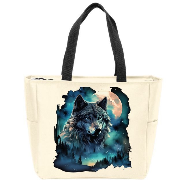 Grey Wolf Hunting Grounds Icy Moon Forest Galaxy Zip Tote Bag