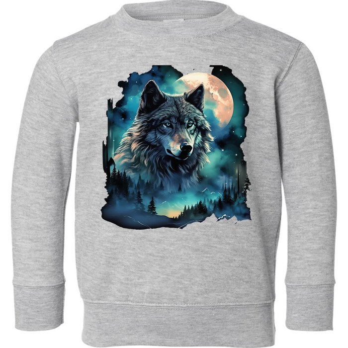Grey Wolf Hunting Grounds Icy Moon Forest Galaxy Toddler Sweatshirt