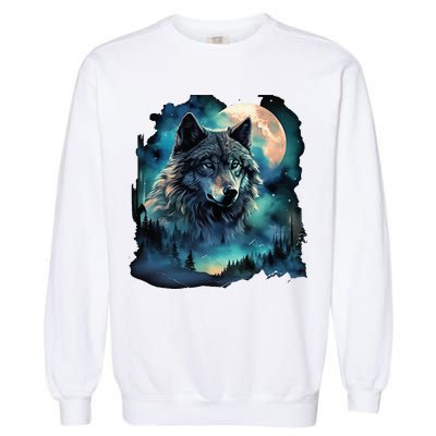 Grey Wolf Hunting Grounds Icy Moon Forest Galaxy Garment-Dyed Sweatshirt