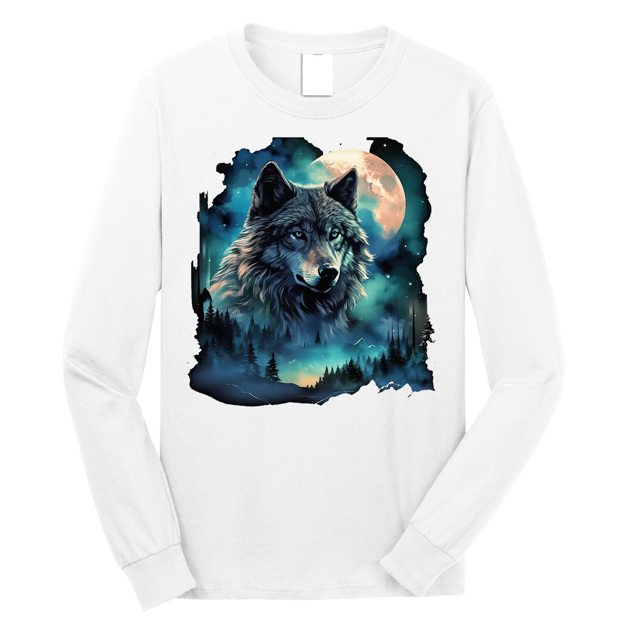 Grey Wolf Hunting Grounds Icy Moon Forest Galaxy Long Sleeve Shirt