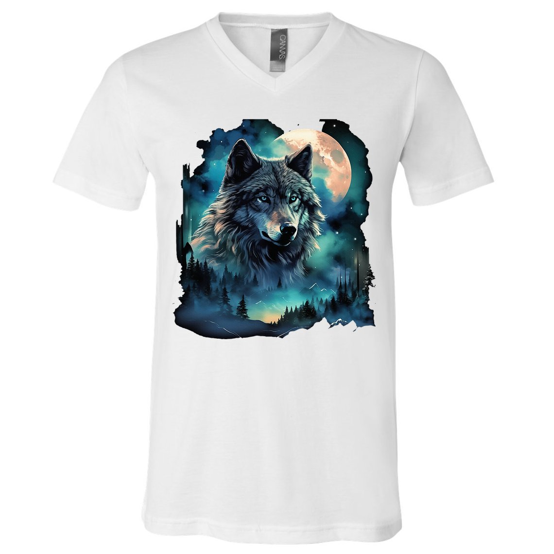 Grey Wolf Hunting Grounds Icy Moon Forest Galaxy V-Neck T-Shirt