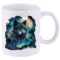 Grey Wolf Hunting Grounds Icy Moon Forest Galaxy 11oz C Handle Ceramic Mug