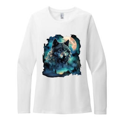 Grey Wolf Hunting Grounds Icy Moon Forest Galaxy Womens CVC Long Sleeve Shirt