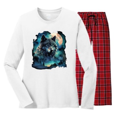 Grey Wolf Hunting Grounds Icy Moon Forest Galaxy Women's Long Sleeve Flannel Pajama Set 