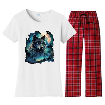 Grey Wolf Hunting Grounds Icy Moon Forest Galaxy Women's Flannel Pajama Set