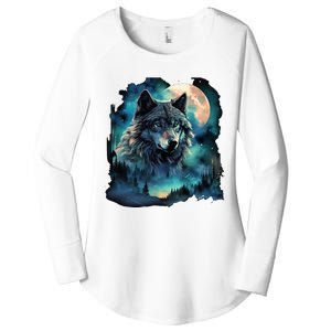 Grey Wolf Hunting Grounds Icy Moon Forest Galaxy Women's Perfect Tri Tunic Long Sleeve Shirt