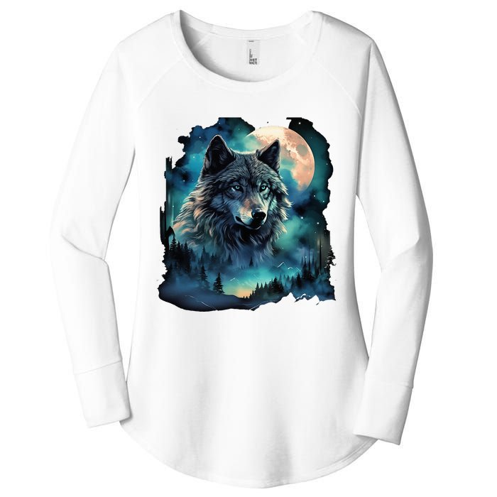 Grey Wolf Hunting Grounds Icy Moon Forest Galaxy Women's Perfect Tri Tunic Long Sleeve Shirt