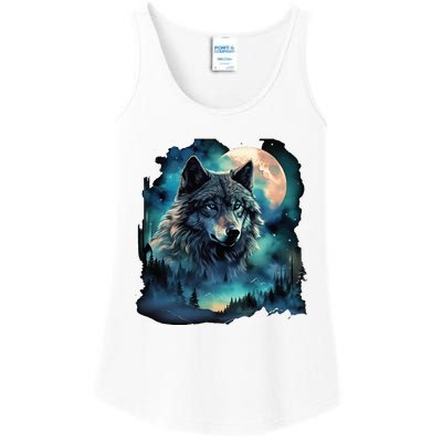 Grey Wolf Hunting Grounds Icy Moon Forest Galaxy Ladies Essential Tank