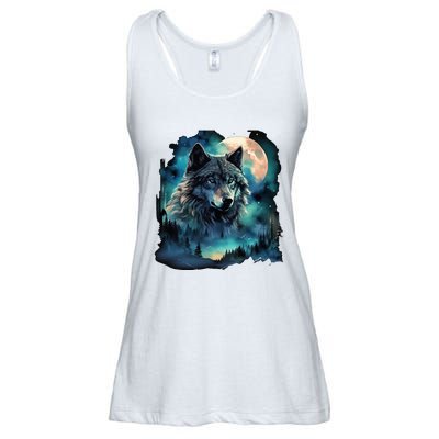 Grey Wolf Hunting Grounds Icy Moon Forest Galaxy Ladies Essential Flowy Tank