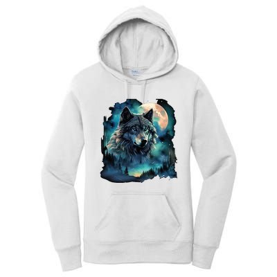 Grey Wolf Hunting Grounds Icy Moon Forest Galaxy Women's Pullover Hoodie