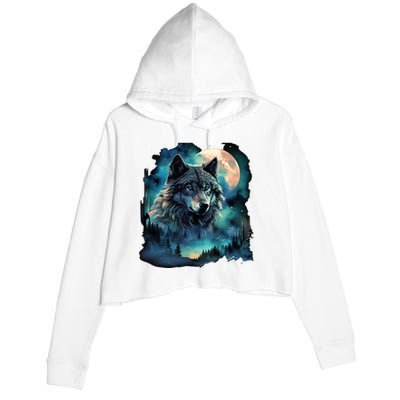 Grey Wolf Hunting Grounds Icy Moon Forest Galaxy Crop Fleece Hoodie