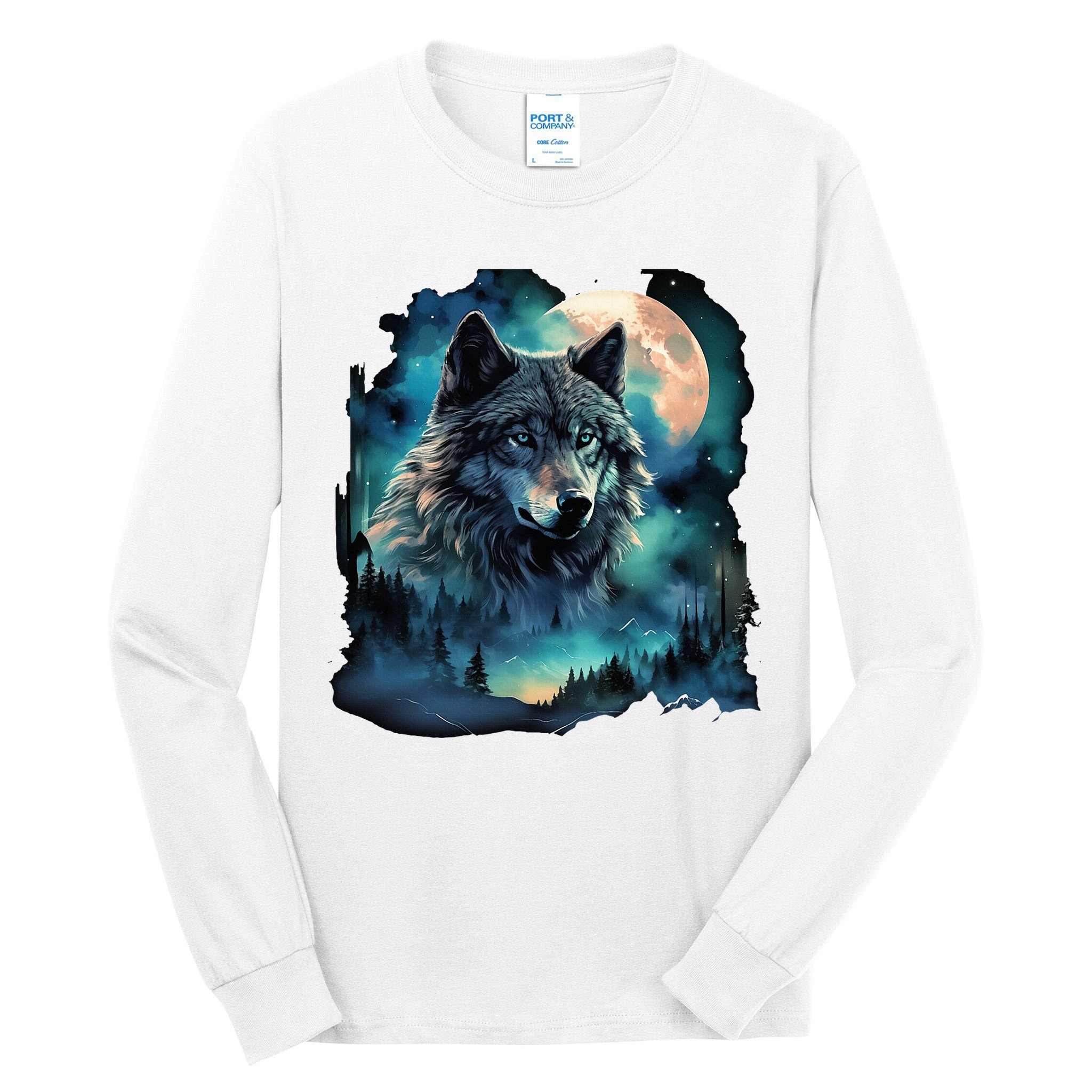 Grey Wolf Hunting Grounds Icy Moon Forest Galaxy Tall Long Sleeve T-Shirt