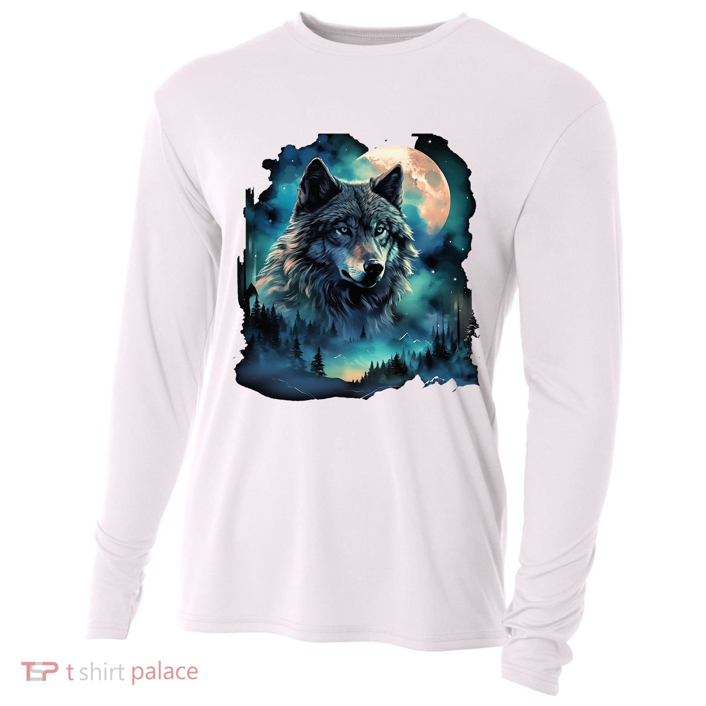 Grey Wolf Hunting Grounds Icy Moon Forest Galaxy Cooling Performance Long Sleeve Crew