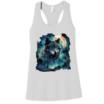 Grey Wolf Hunting Grounds Icy Moon Forest Galaxy Women's Racerback Tank