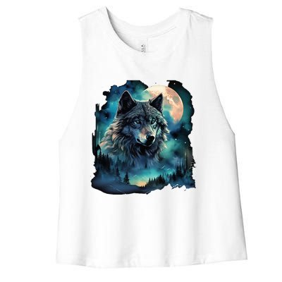 Grey Wolf Hunting Grounds Icy Moon Forest Galaxy Women's Racerback Cropped Tank