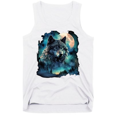 Grey Wolf Hunting Grounds Icy Moon Forest Galaxy Tank Top