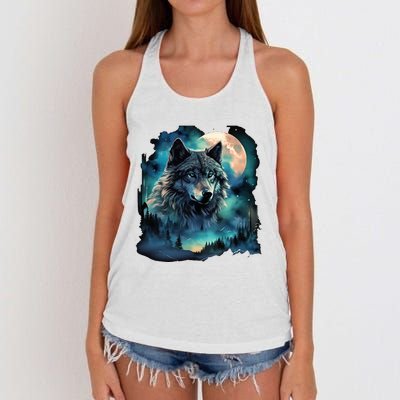 Grey Wolf Hunting Grounds Icy Moon Forest Galaxy Women's Knotted Racerback Tank