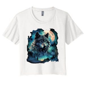 Grey Wolf Hunting Grounds Icy Moon Forest Galaxy Women's Crop Top Tee