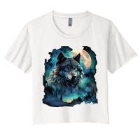 Grey Wolf Hunting Grounds Icy Moon Forest Galaxy Women's Crop Top Tee