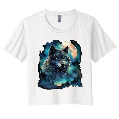 Grey Wolf Hunting Grounds Icy Moon Forest Galaxy Women's Crop Top Tee