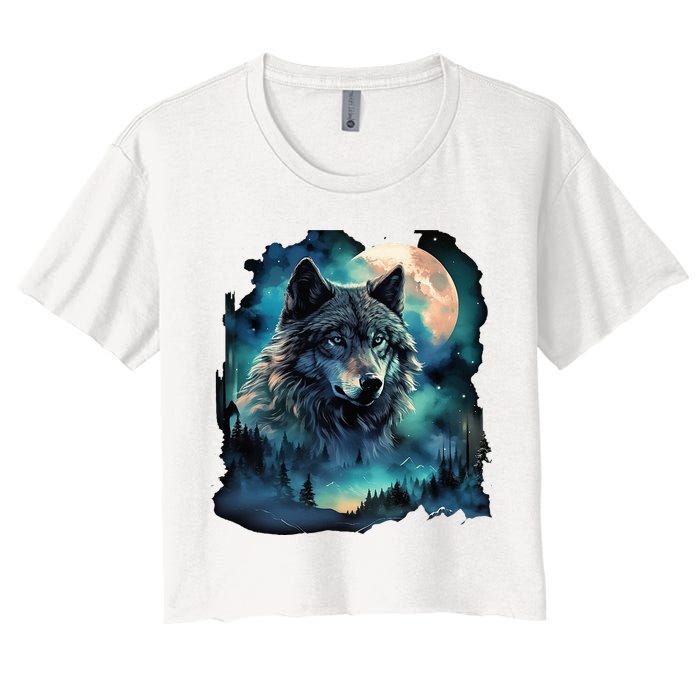 Grey Wolf Hunting Grounds Icy Moon Forest Galaxy Women's Crop Top Tee