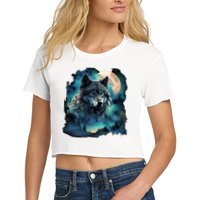 Grey Wolf Hunting Grounds Icy Moon Forest Galaxy Women's Crop Top Tee