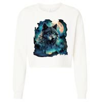 Grey Wolf Hunting Grounds Icy Moon Forest Galaxy Cropped Pullover Crew