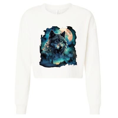 Grey Wolf Hunting Grounds Icy Moon Forest Galaxy Cropped Pullover Crew