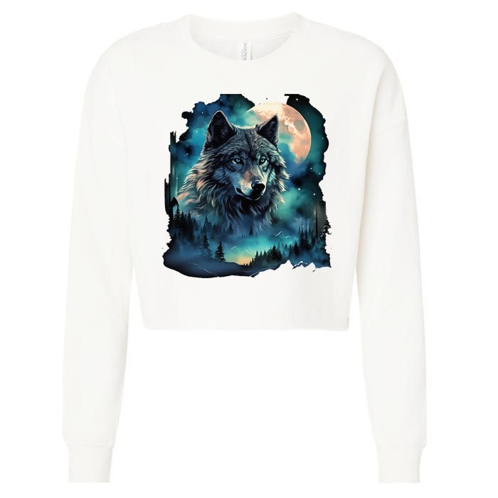 Grey Wolf Hunting Grounds Icy Moon Forest Galaxy Cropped Pullover Crew