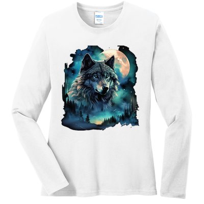 Grey Wolf Hunting Grounds Icy Moon Forest Galaxy Ladies Long Sleeve Shirt