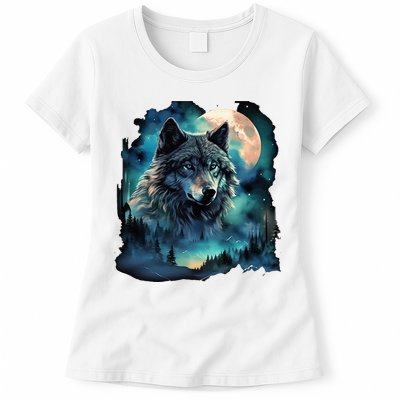 Grey Wolf Hunting Grounds Icy Moon Forest Galaxy Womens T-Shirt